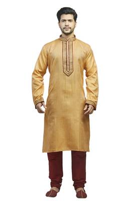 Yellow  Woven Kurta Set With Contrast Corded  Maroon Placket Patti With Buttons And Corded Collar 1