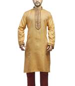 Yellow  Woven Kurta Set With Contrast Corded  Maroon Placket Patti With Buttons And Corded Collar