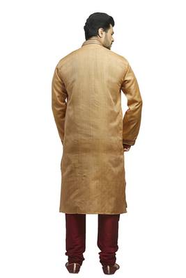 Yellow  Woven Kurta Set With Contrast Corded  Maroon Placket Patti With Buttons And Corded Collar 2