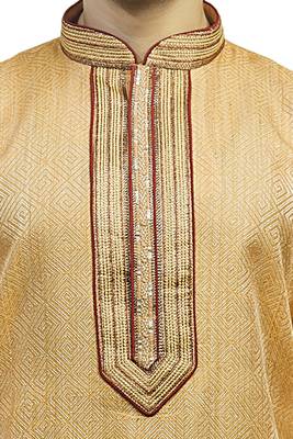 Yellow  Woven Kurta Set With Contrast Corded  Maroon Placket Patti With Buttons And Corded Collar 3