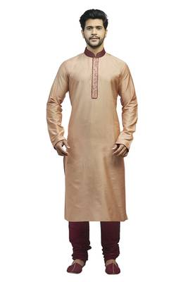 Sand Ps Silk Kurta Set With Contrast Maroon Corded Collar And Machine Embroidered Placket Patti 1