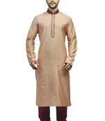 Sand Ps Silk Kurta Set With Contrast Maroon Corded Collar And Machine Embroidered Placket Patti