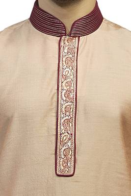 Sand Ps Silk Kurta Set With Contrast Maroon Corded Collar And Machine Embroidered Placket Patti 3