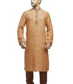 Orange Bhalgapuri Cotton Kurta Set With Embroidered Lace  On The Collar And Placket Patti With Gundi Buttons