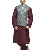 Maroon  Kurta Set With Woven Jacquard  Blue Anmd ,Maroon  Jacket With Cording And Metal Buttons