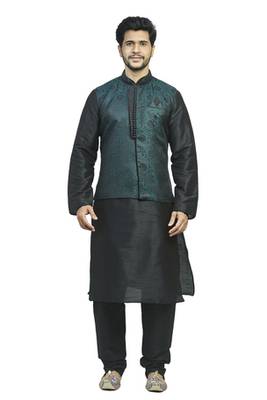 Black Kurta Set With Woven Jacquard Green And Black Jacket With Gundi Nbuttons And Broach 1