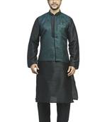 Black Kurta Set With Woven Jacquard Green And Black Jacket With Gundi Nbuttons And Broach