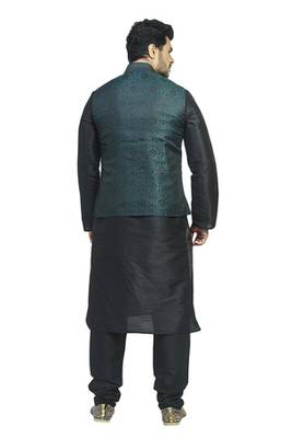 Black Kurta Set With Woven Jacquard Green And Black Jacket With Gundi Nbuttons And Broach 2