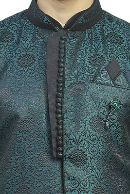 Black Kurta Set With Woven Jacquard Green And Black Jacket With Gundi Nbuttons And Broach 3