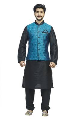 Black Kurta Set With Wovenblue Tanchoi   Jacket With  Metal Buttons 1