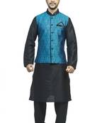 Black Kurta Set With Wovenblue Tanchoi   Jacket With  Metal Buttons