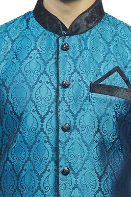 Black Kurta Set With Wovenblue Tanchoi   Jacket With  Metal Buttons 3