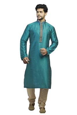 Blue Dupion Kurta Set With Hand Embroidery On The Placket Patti With Brocade Collar And Cord Piping 1