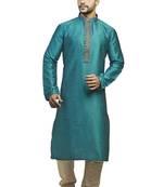 Blue Dupion Kurta Set With Hand Embroidery On The Placket Patti With Brocade Collar And Cord Piping