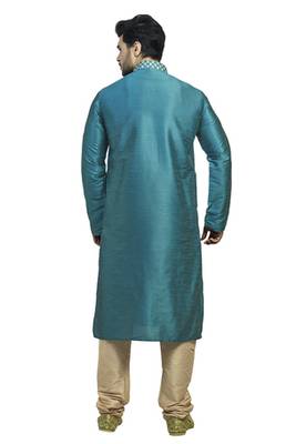 Blue Dupion Kurta Set With Hand Embroidery On The Placket Patti With Brocade Collar And Cord Piping 2