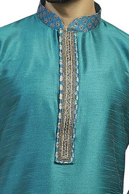 Blue Dupion Kurta Set With Hand Embroidery On The Placket Patti With Brocade Collar And Cord Piping 3