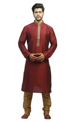 Maroon Dupion Kurta Set With Hand Embroidery On The Placket Patti With Brocade Collar And Cord Piping 1