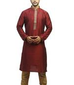 Maroon Dupion Kurta Set With Hand Embroidery On The Placket Patti With Brocade Collar And Cord Piping