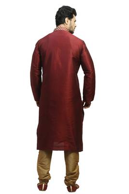 Maroon Dupion Kurta Set With Hand Embroidery On The Placket Patti With Brocade Collar And Cord Piping 2