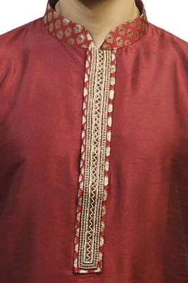 Maroon Dupion Kurta Set With Hand Embroidery On The Placket Patti With Brocade Collar And Cord Piping 3