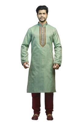 Green Woven Kurta Set With Contrast Corded  Maroon Placket Patti With Buttons And Corded Collar 1
