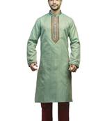 Green Woven Kurta Set With Contrast Corded  Maroon Placket Patti With Buttons And Corded Collar