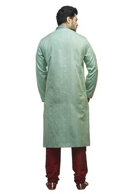 Green Woven Kurta Set With Contrast Corded  Maroon Placket Patti With Buttons And Corded Collar 2