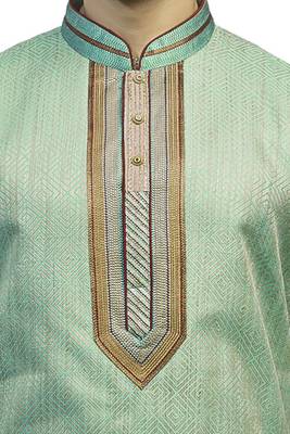 Green Woven Kurta Set With Contrast Corded  Maroon Placket Patti With Buttons And Corded Collar 3