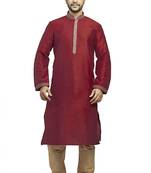 Maroon Silk Kurta Set With Corded Collar And Embroidered Placket Patti