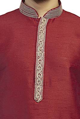 Maroon Silk Kurta Set With Corded Collar And Embroidered Placket Patti 3