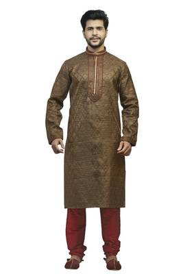 Brown Tanchoi Kurta Set With Contrast Maroon Embroidered  Cording On The Collar And Placket Patti 1