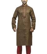 Brown Tanchoi Kurta Set With Contrast Maroon Embroidered  Cording On The Collar And Placket Patti