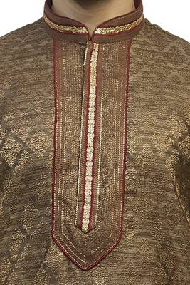 Brown Tanchoi Kurta Set With Contrast Maroon Embroidered  Cording On The Collar And Placket Patti 3