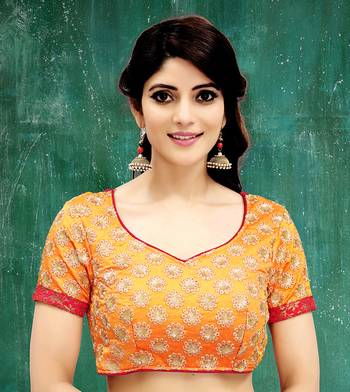 orange colored embroidered  two tone silk stitched blouse 1