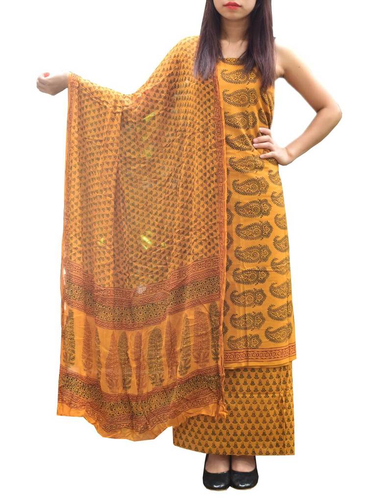 Bagh Print Unstitched Cotton Salwar Suit & Chiffon Dupatta Mustard & Black 1