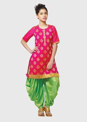 Rani Pink Paper Foil Print Heavy Dhupian Partywear Patiala Suit For Girls Wear 1