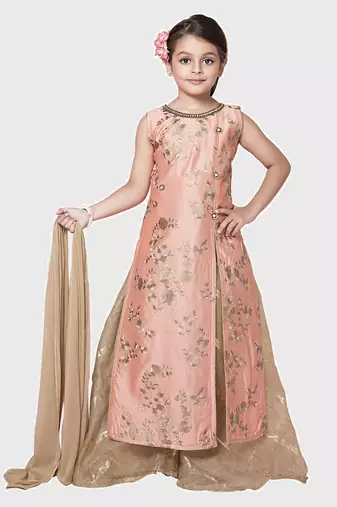 Peach Embroidery Heavy Chanderi Silk Palazzo Style Salwar Suit For Girls Wear