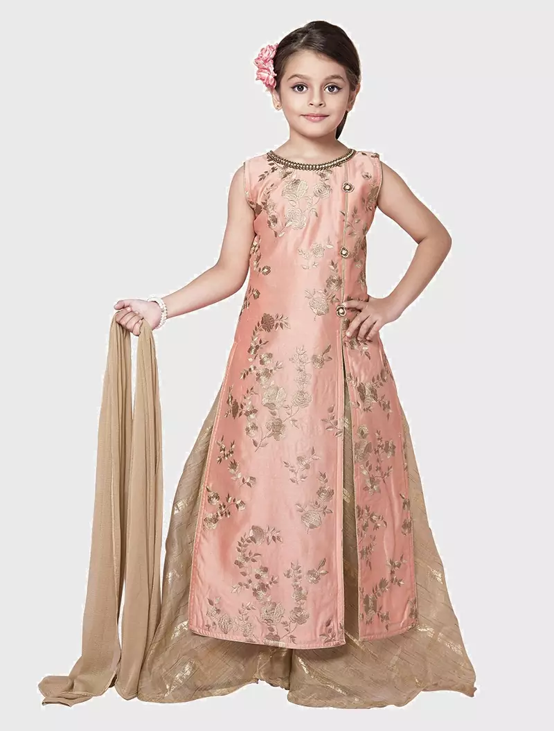 Peach Embroidery Heavy Chanderi Silk Palazzo Style Salwar Suit For Girls Wear