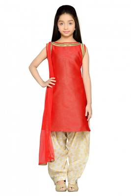 Shiner Red Heavy Brocade Silk Dori Embroidery Lace ReadyMade Kids Straight Patiala Suit (2-12 year girl) 1