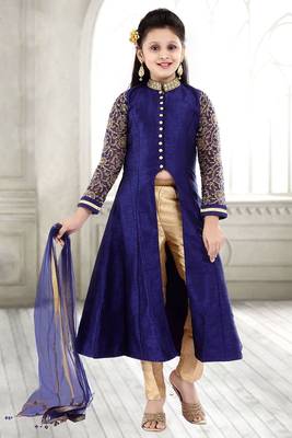 Navy Blue Sequance Embroidery Banglori Silk With Net Anarkali Style Readymade Kids Salwar Suit 1