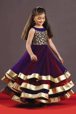 Violet and Red Embroidery  Soft Net And Taffet Silk ubrella Cut Full Flair Wedding Wear Gown Dress For Kids Wear 1