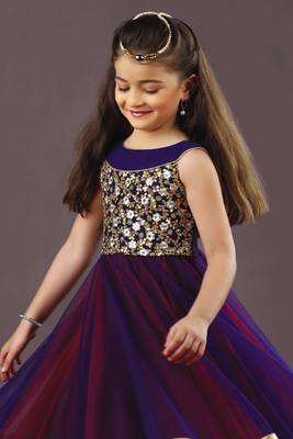 Violet and Red Embroidery  Soft Net And Taffet Silk ubrella Cut Full Flair Wedding Wear Gown Dress For Kids Wear 2