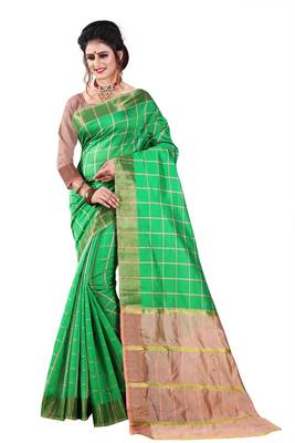 Green plain cotton silk saree with blouse 1