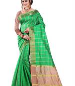 Green plain cotton silk saree with blouse