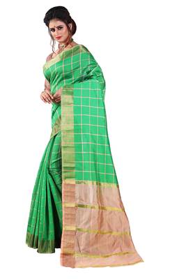 Green plain cotton silk saree with blouse 2