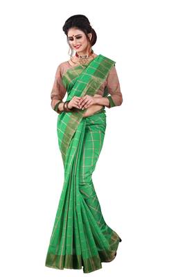 Green plain cotton silk saree with blouse 3
