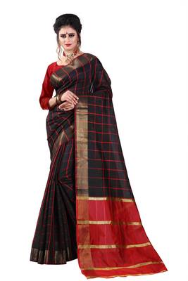 Black plain cotton silk saree with blouse 1