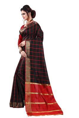 Black plain cotton silk saree with blouse 2