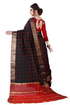 Black plain cotton silk saree with blouse 4