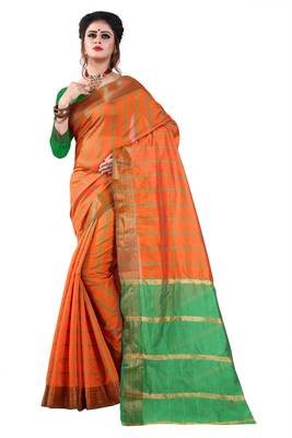 Orange plain cotton silk saree with blouse 1